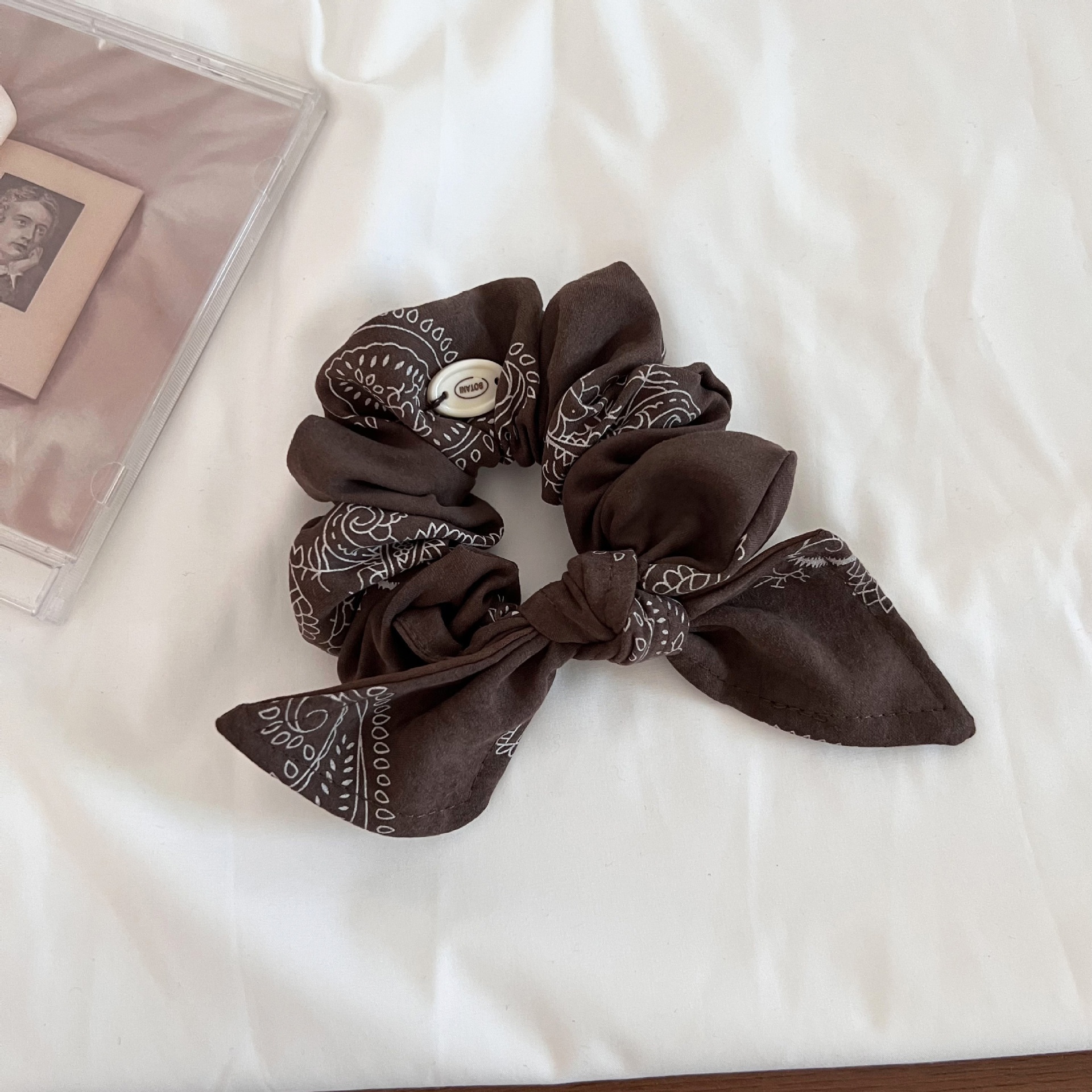 Women's Autumn Soft Cloth Telephone Cord Hair Tie Coffee Floral