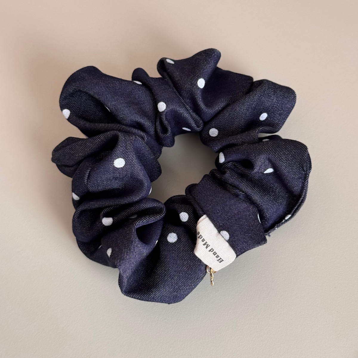 Women's Elegant Denim Cloth Scarf Hair Tie Dark Blue Polka Dot