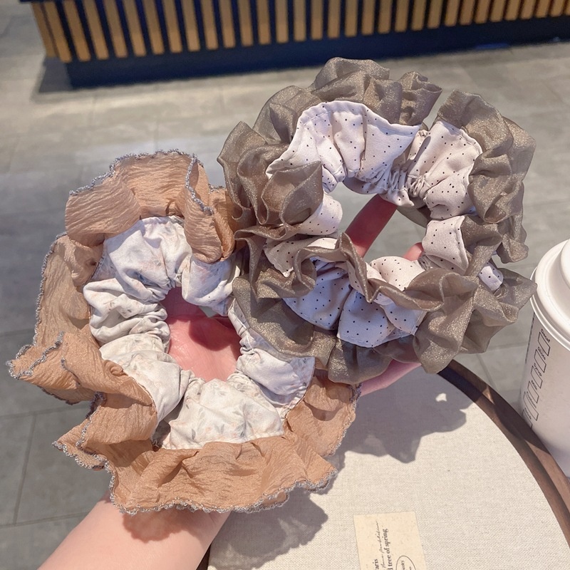 Women's Spring Tulle Scrunchie Ponytail Holder Beige Polka Dots