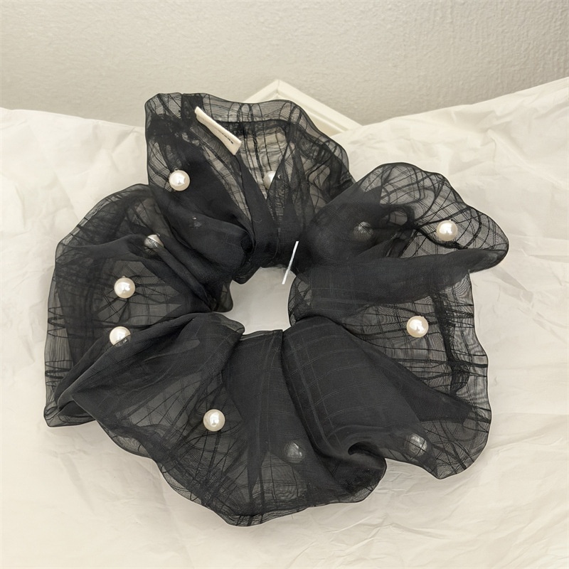 Women's Daily Pearl Gauze Scrunchies Pink Plaid Checkered Hair Tie