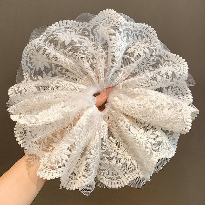 Women's Large Mori Style Scrunchie Beige Polka Dot Cloth Hair Tie