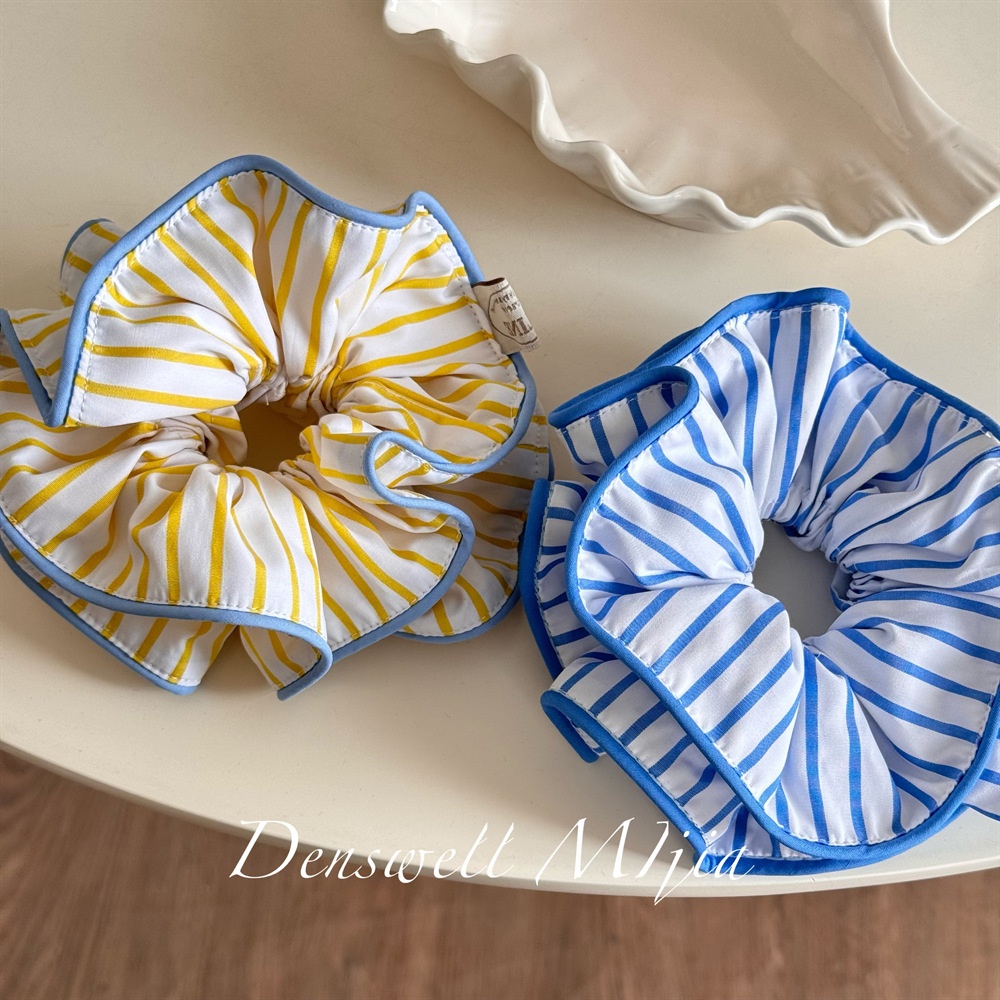 Women's Summer Cloth Telephone Cord Hair Tie Yellow Blue Striped