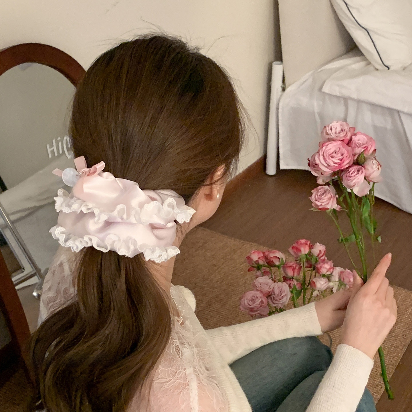 Women's French Satin Bow Hair Tie For Spring Summer Beige Pink