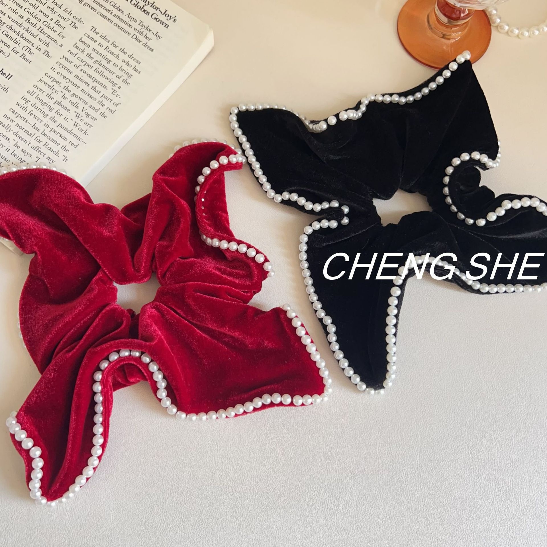 Women's Velvet Scarf Scrunchie For Bun Ponytail Pearl Retro