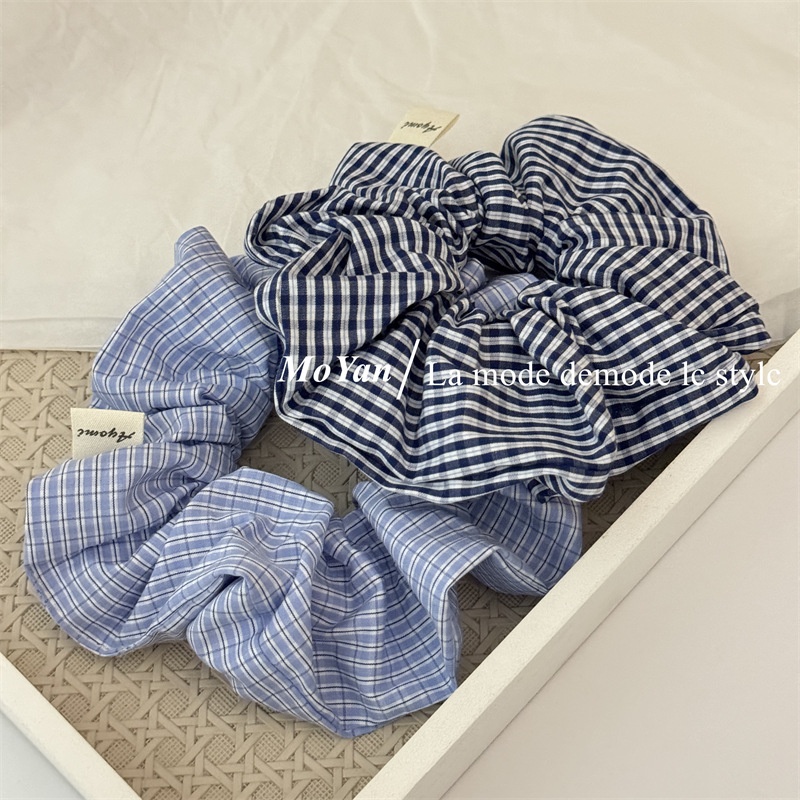 Women's Everyday Cloth Scrunchie Hair Tie Navy Blue Plaid Checkered