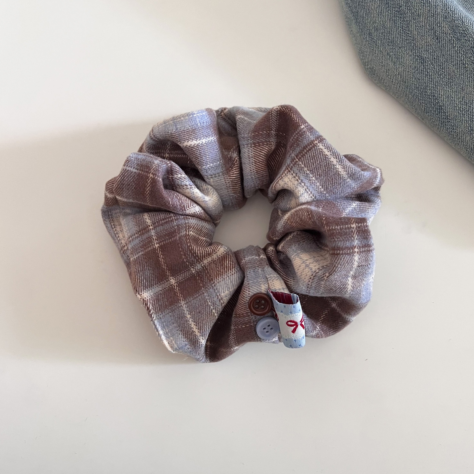 Women Cloth Bow Hair Scrunchies Coffee Plaid Checkered Autumn Winter