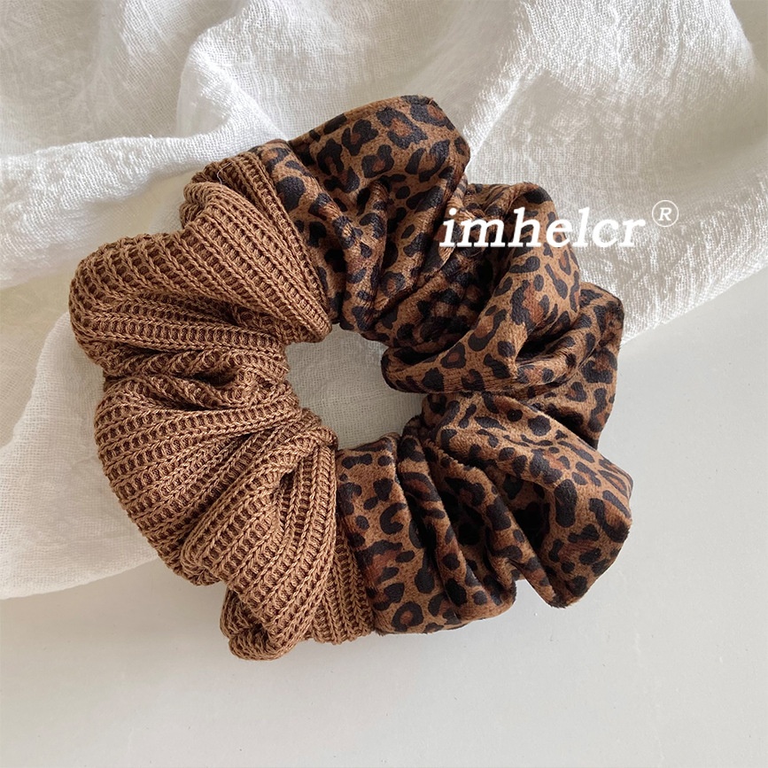 Women's Winter Velvet Hair Bun Tie Coffee Brown Leopard Print