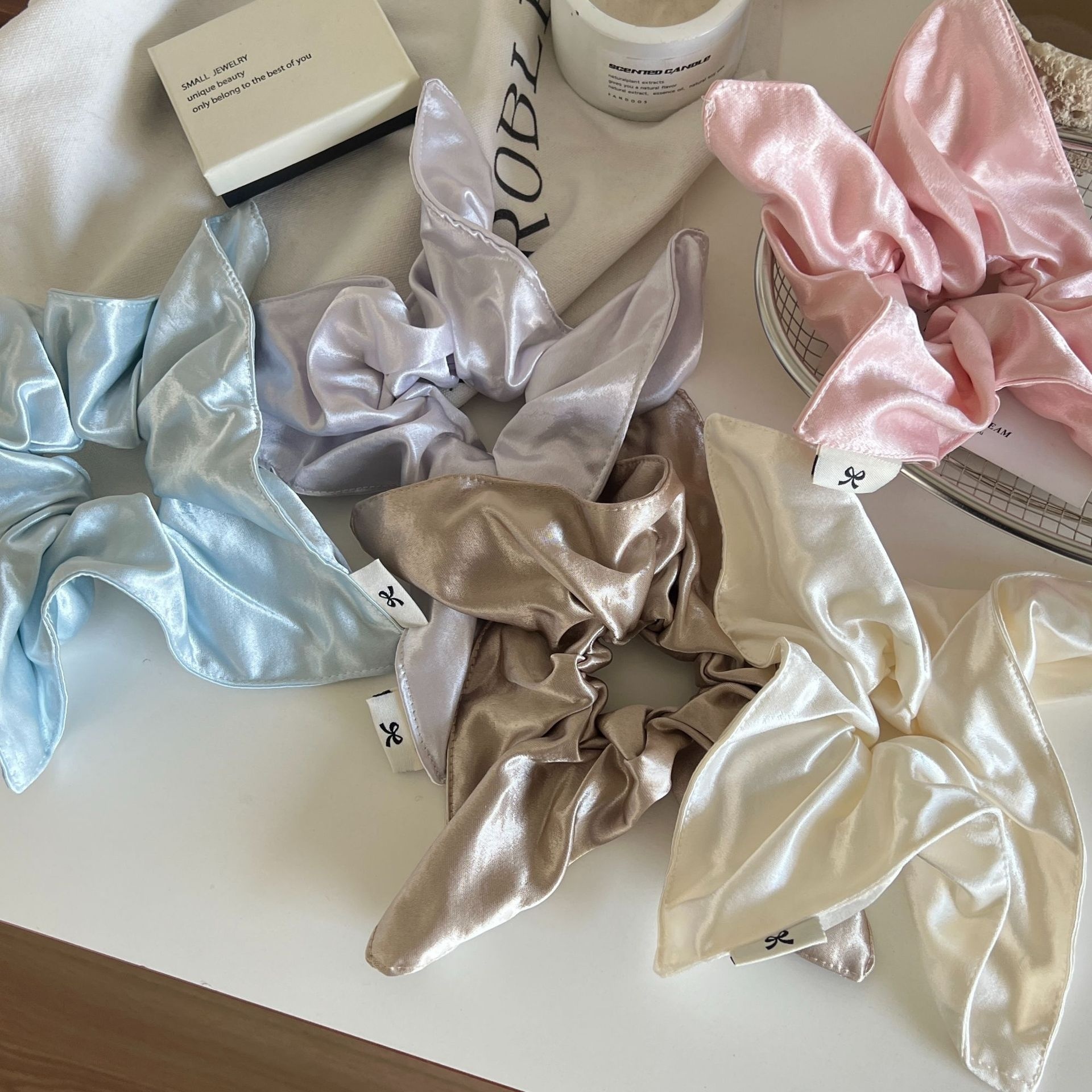 Women's Square Satin Hair Tie Daily Low Bun Accessory Solid Glossy Cream