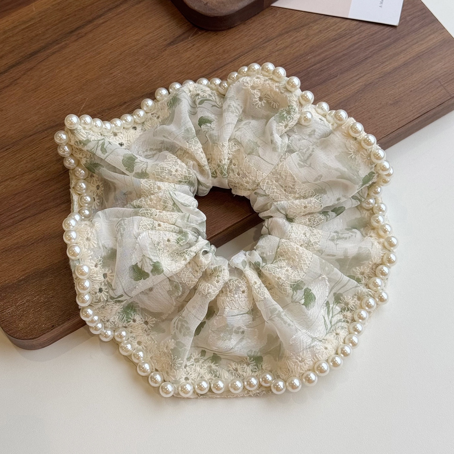 Women's Elegant Lace Pearl Floral Hair Ties Versatile Cloth Headwear for Bun Tail