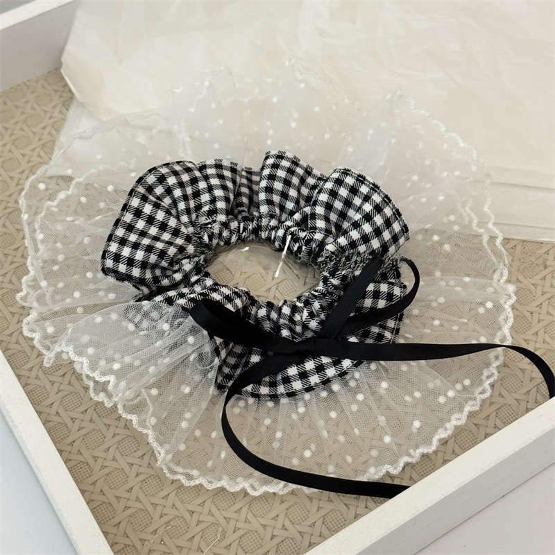Women's Stylish Cloth Bowknot Hair Scrunchies Black White Checkered Lace