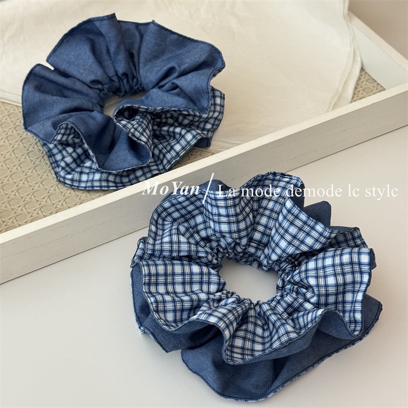 Women's Comfortable Cloth Scrunchies Hair Tie Blue Color Block Checkered