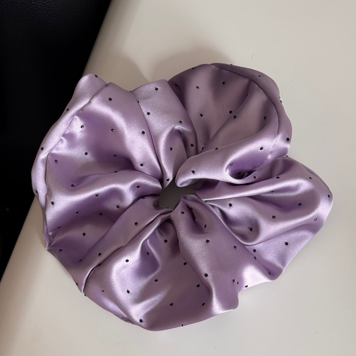 Women's Elegant Spring Satin Hair Tie Scrunchie in Beige Polka Dots