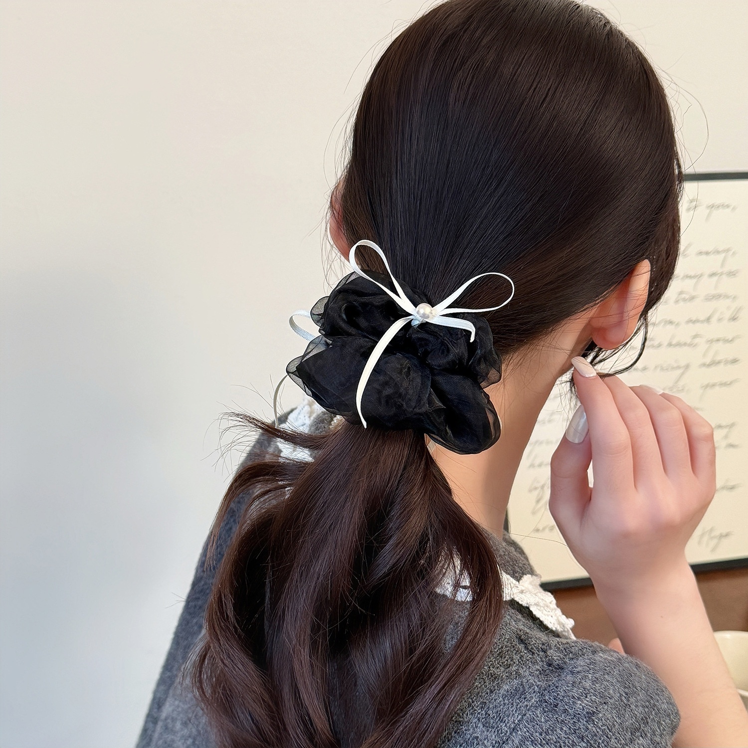 Women's French Style Elegant Spring Lace Bowknot Hair Tie Black