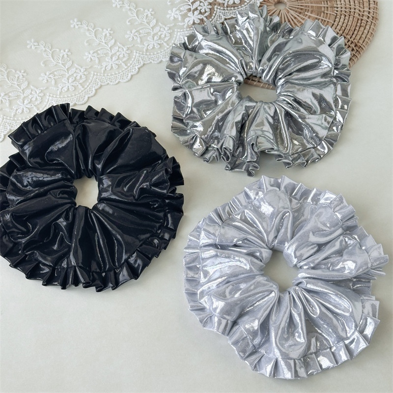 Women's Elegant Satin Pleated Hair Tie Silver Embroidered Flower