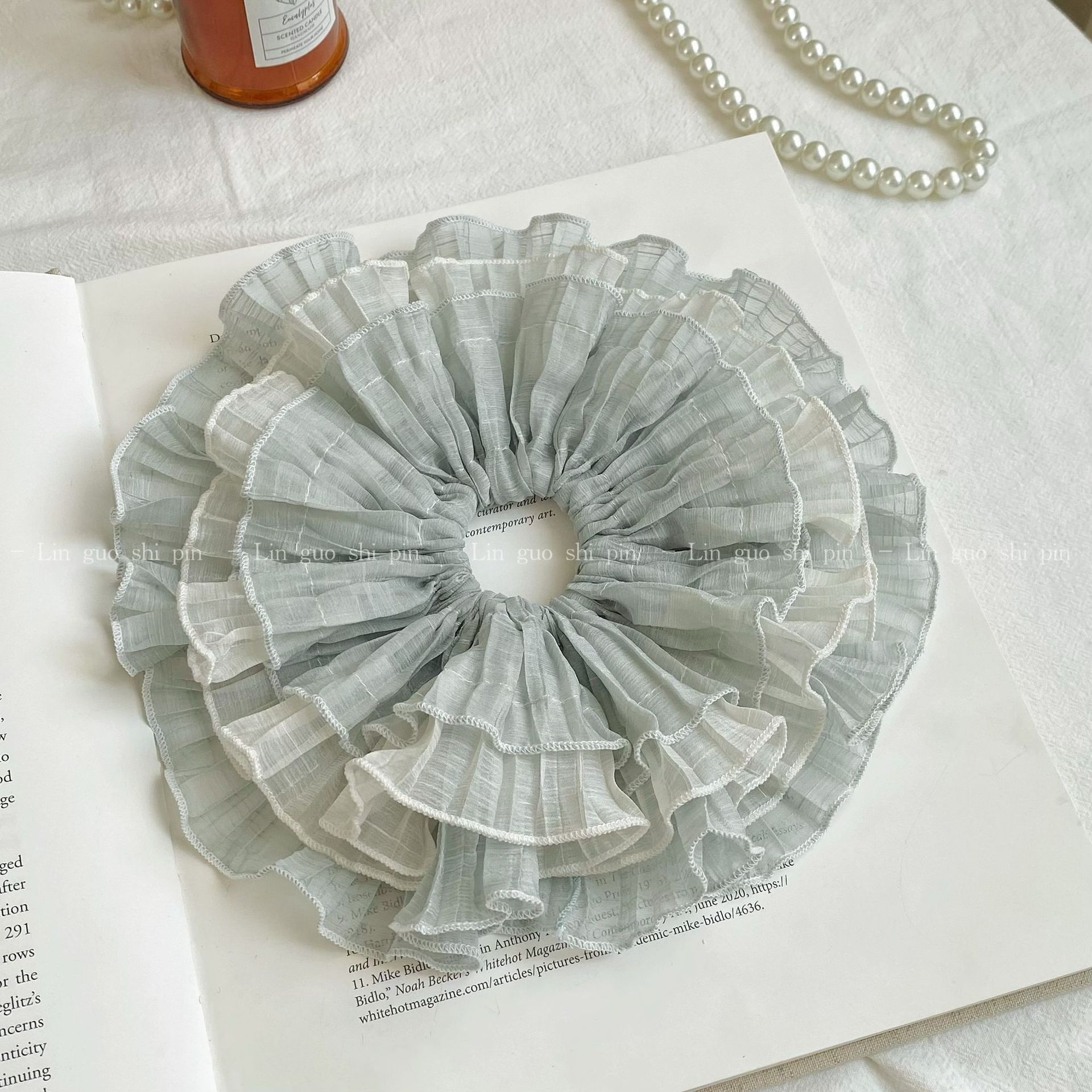 Women's Spring Soft Gauze Chiffon Hair Tie Sweet Pink Floral Lace