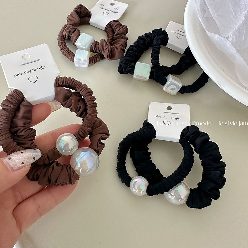 Women's All Season French Cloth Hair Tie Pair Black Coffee Round Bead