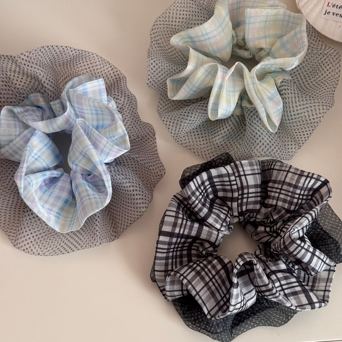 Women's Oversized Spring Tulle Hair Tie Scrunchie Green Polka Dots