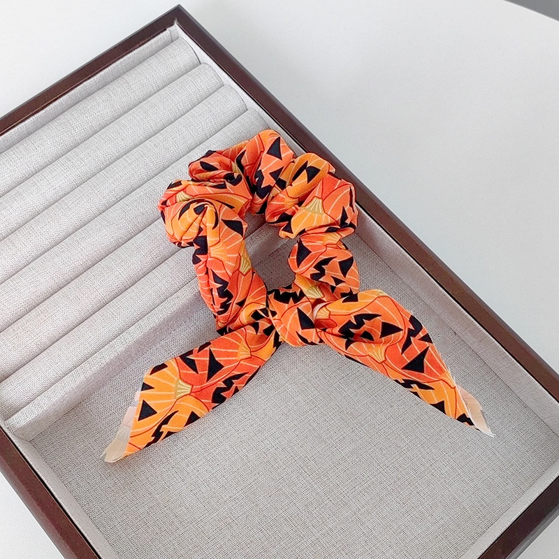 Women's Retro Large Bow Hair Tie Halloween Pumpkin Ghost Bat Print Fabric Art