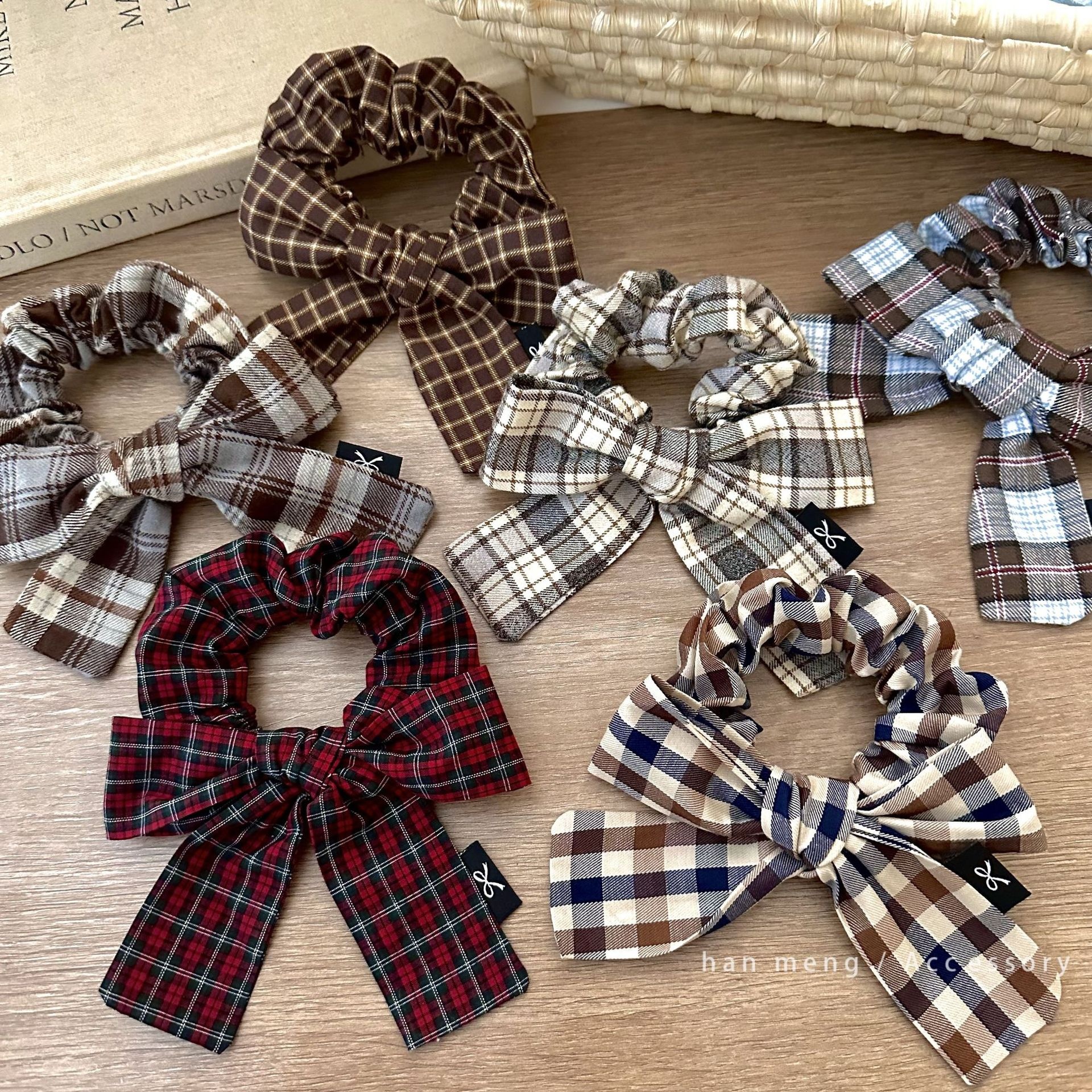 Women's Cotton Bowknot Ponytail Holder Hair Ties Retro Green Camel Plaid