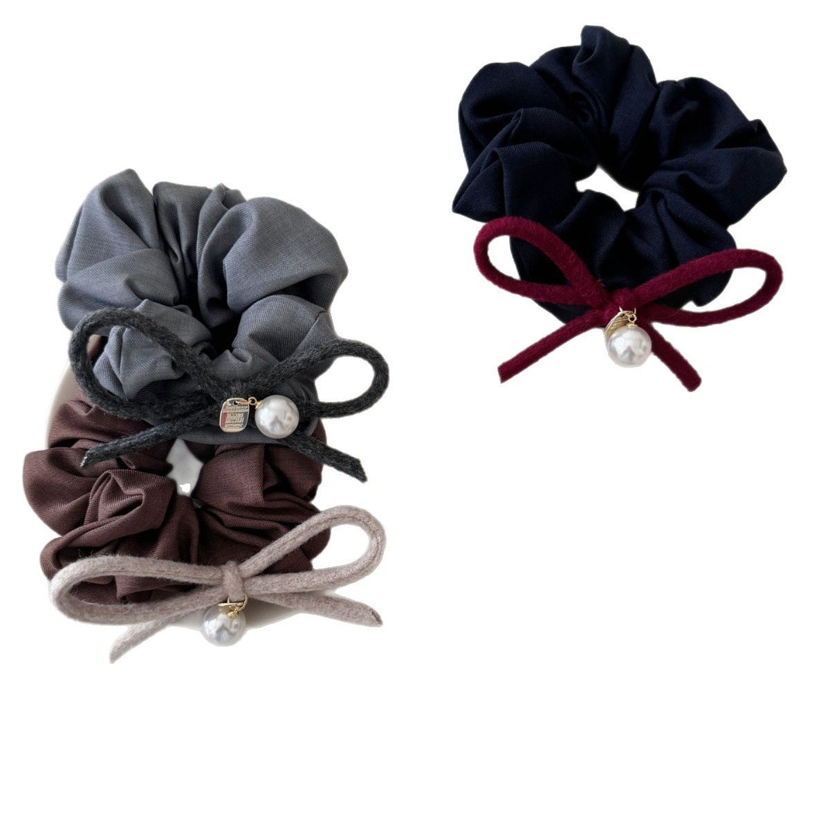 Women's Elegant Large Bow Hair Tie with Pearl Pendant Fabric Butterfly Knot