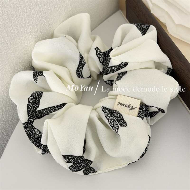 Women's Casual Fabric Hair Tie Large Bowknot Black White Ink Wash Print