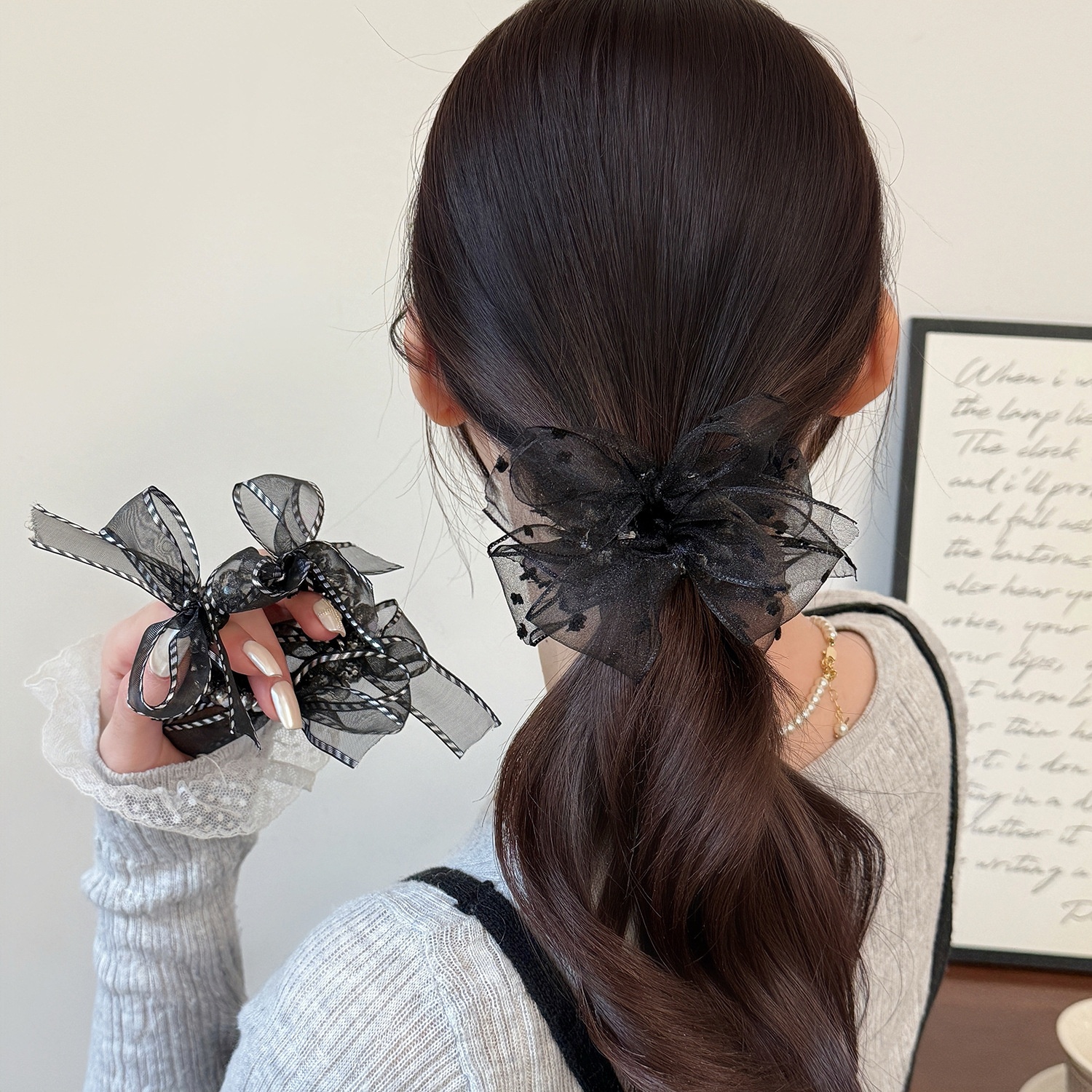 Women's Sweet Soft Gauze Bowknot Hair Tie Rubber Band Black Striped