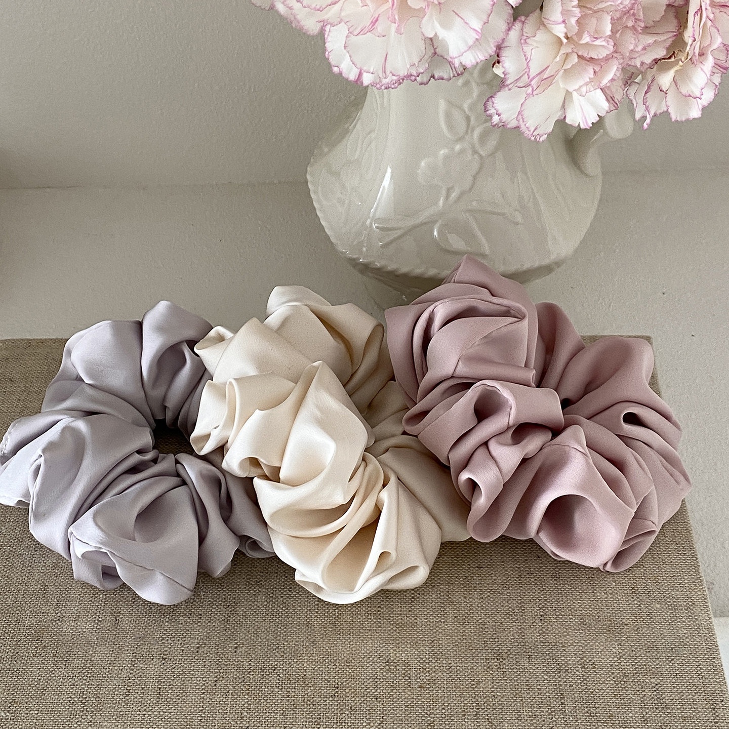 Women's Elegant Spring Satin Hair Tie Scrunchie Solid Color Pink