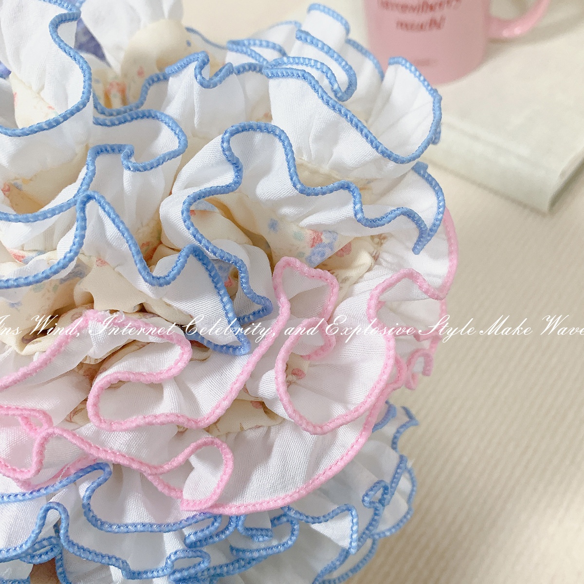 Women's Sweet Cloth Pleated Scrunchie Hair Tie Summer Floral Bow Pearl