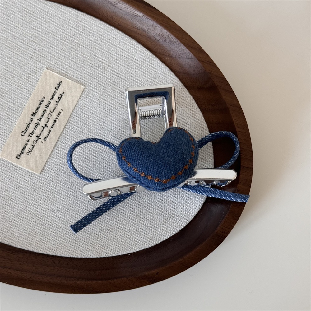 Women's Retro Denim Hair Tie Summer Accessory Pearl Heart Bow Knot