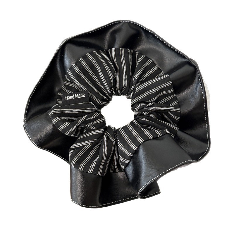 Women's Autumn Vintage Leather Ruffle Ponytail Hair Ties Striped Patchwork