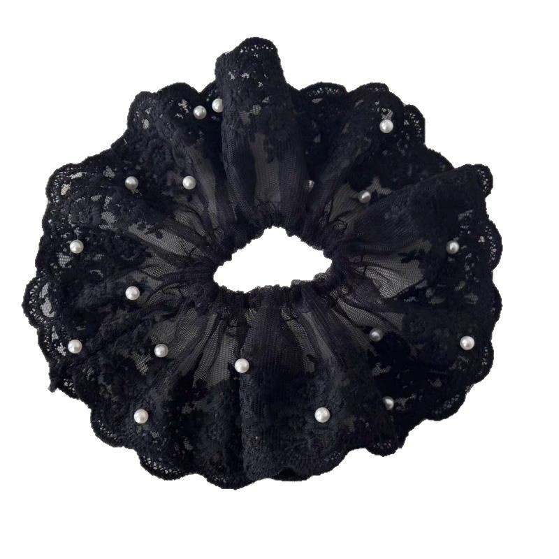 Women's Pearl Lace Ruffle Low Bun Scrunchies Ocean Rose Pattern