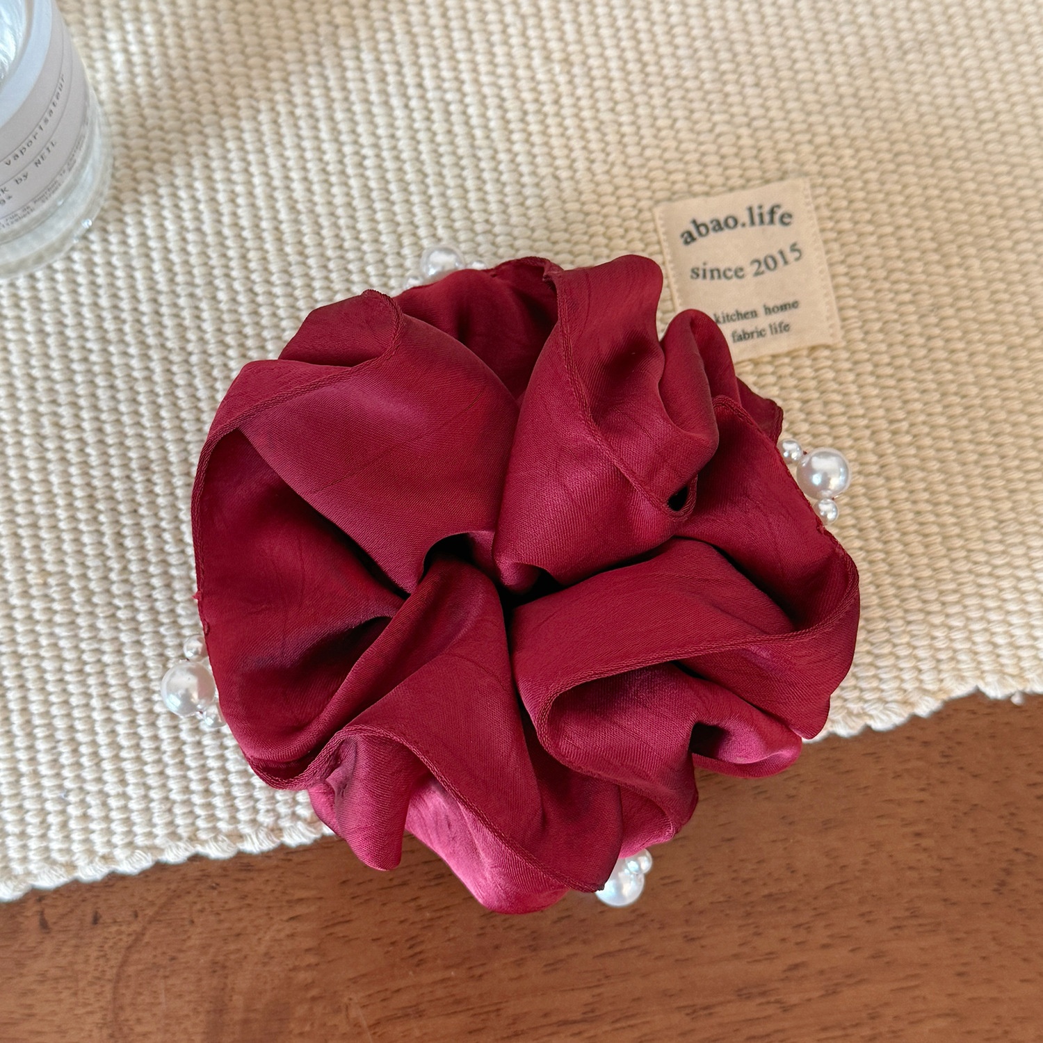 Women's Elegant Satin Pearl Pleated Flower Hair Tie Elastic Bun Band
