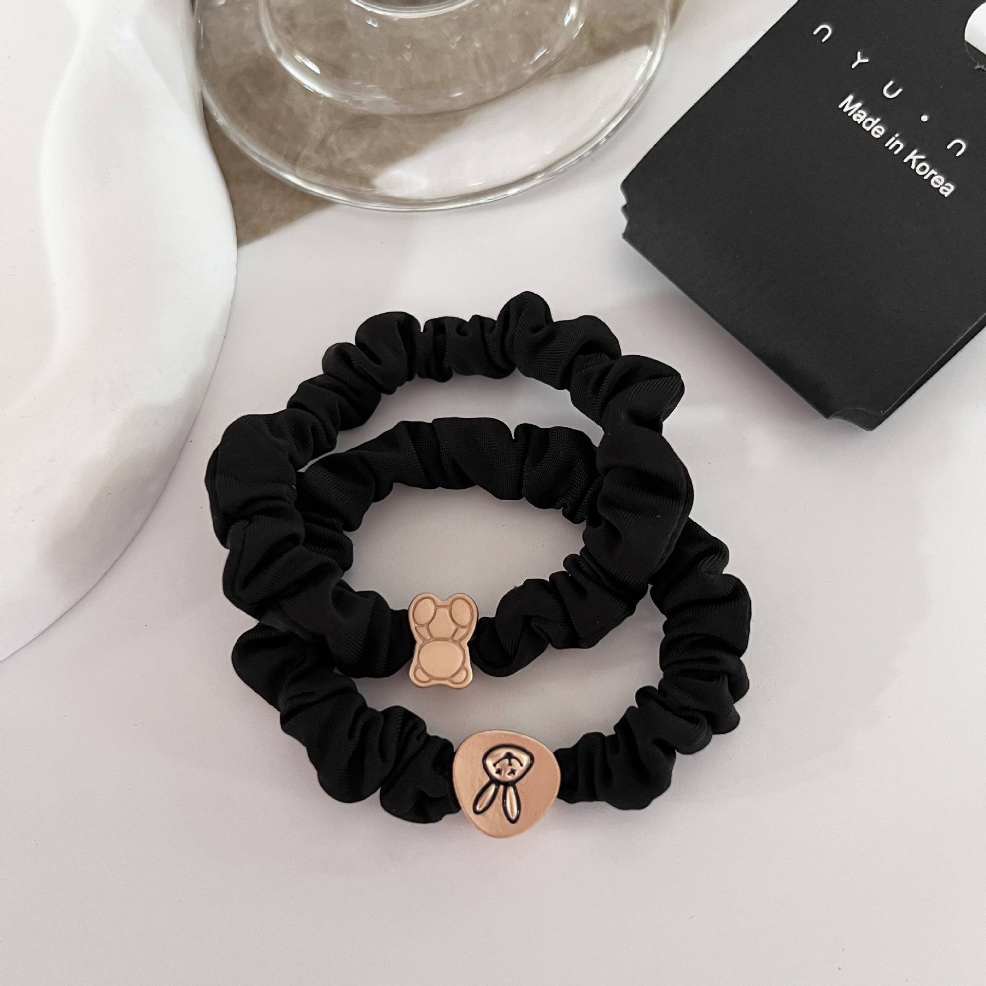 Women's Elastic Cloth Ponytail Hair Tie Set Black Bear Rabbit Bow Pattern