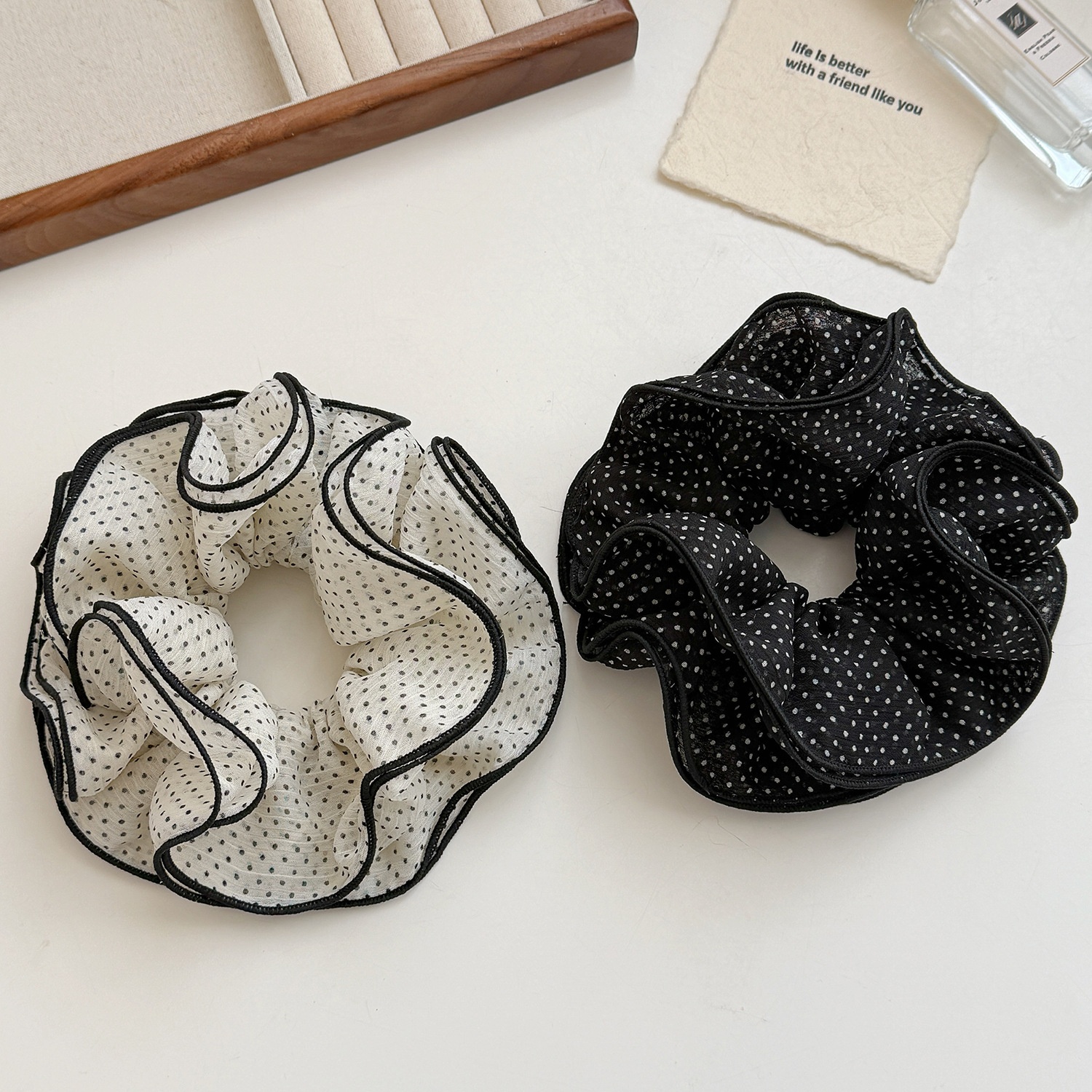 Women's Elegant Spring Soft Gauze Hair Tie Black Polka Dots