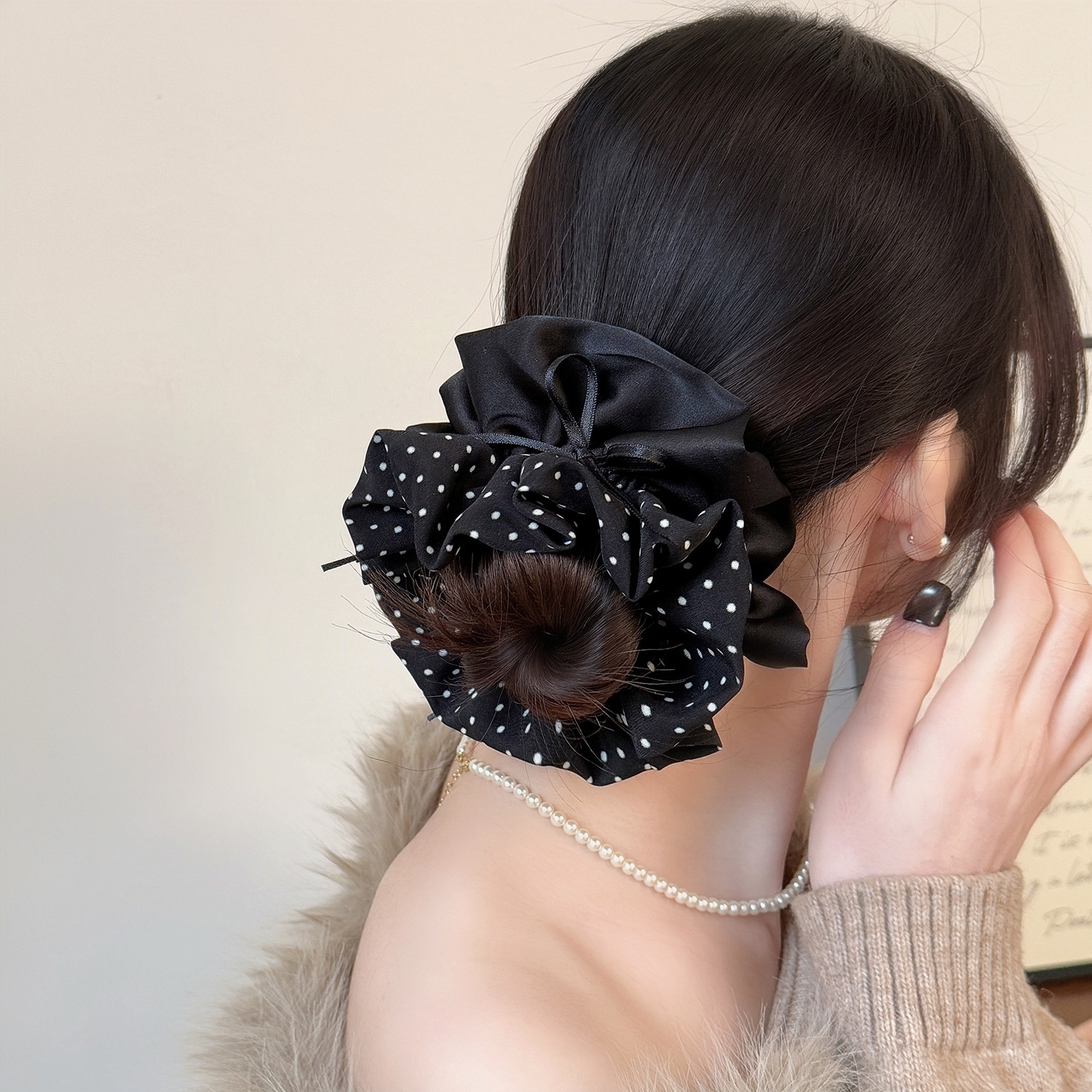 Women's Spring Korean Cloth Bowknot Hair Tie Black Polka Dots