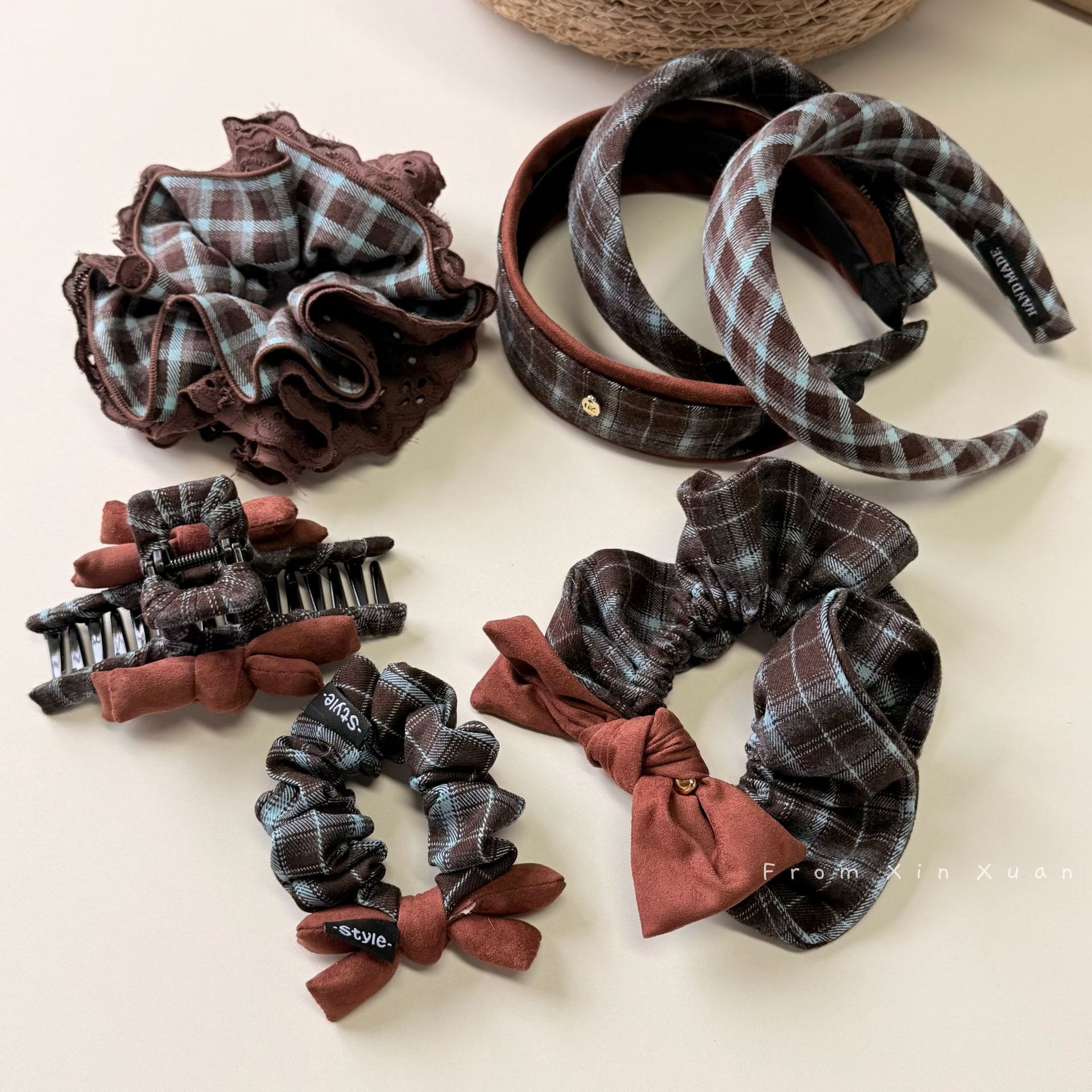 Women's Vintage Blue Plaid Hair Bands High Elasticity Fairy Style Cloth Ties
