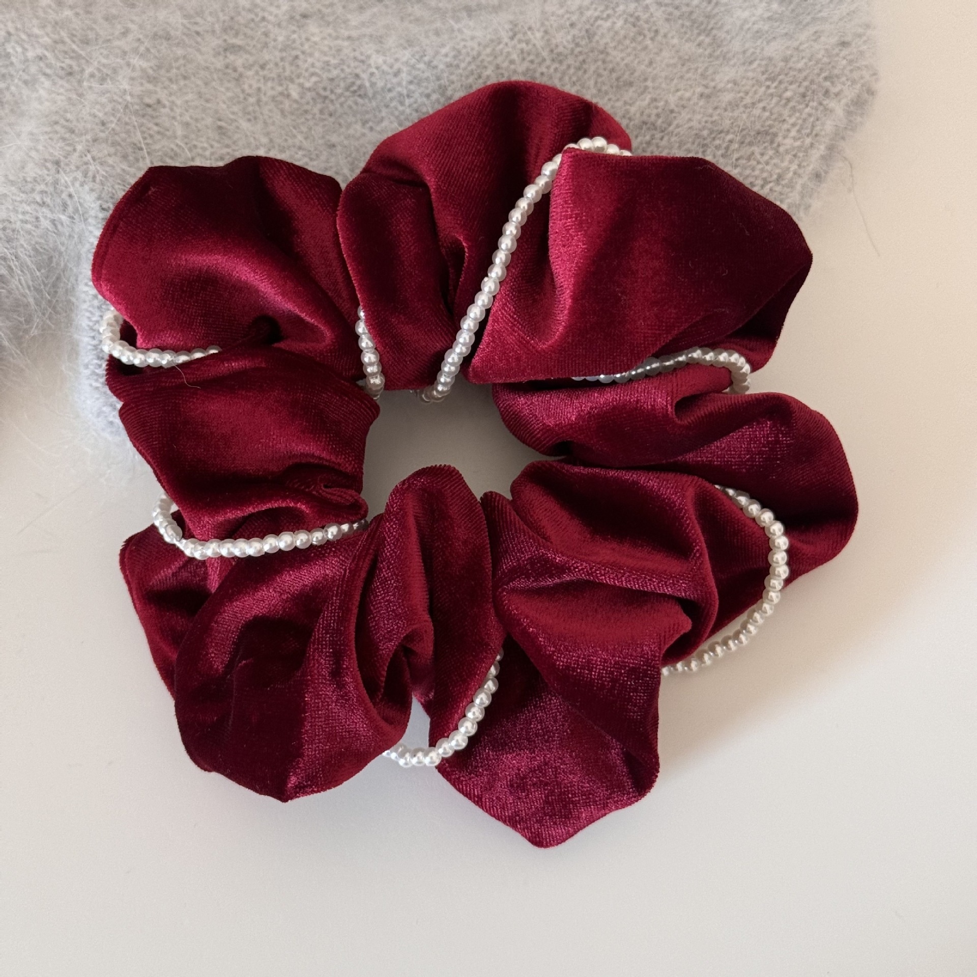 Women's New Year Velvet Pearl High Elastic Hair Band Solid Red