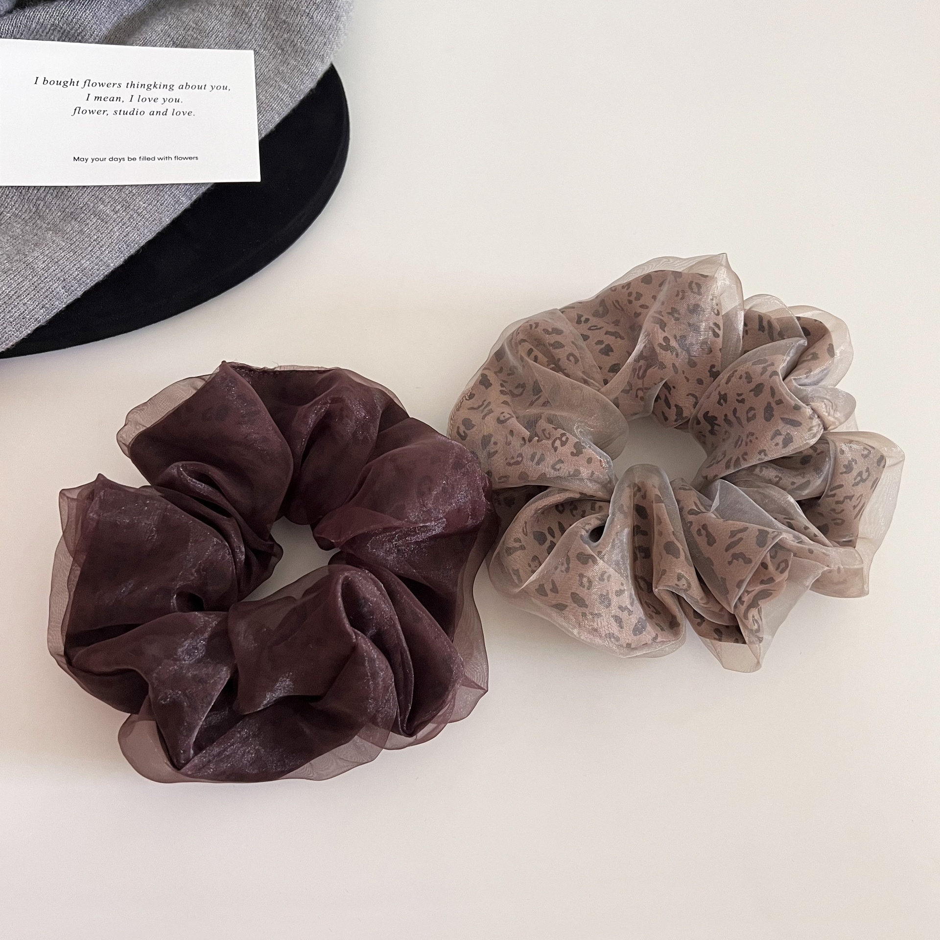 Women's Elegant Mesh Low Bun Hair Tie Accessory Coffee Leopard Print