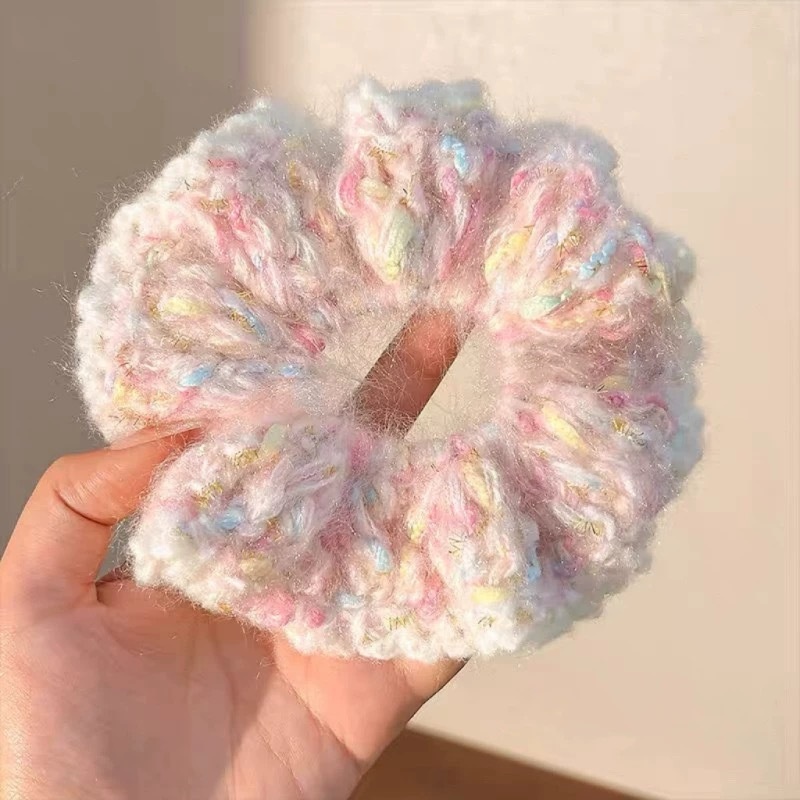 Women's Sweet Daily Handmade Large Bow Hair Tie Pink Knitted Yarn
