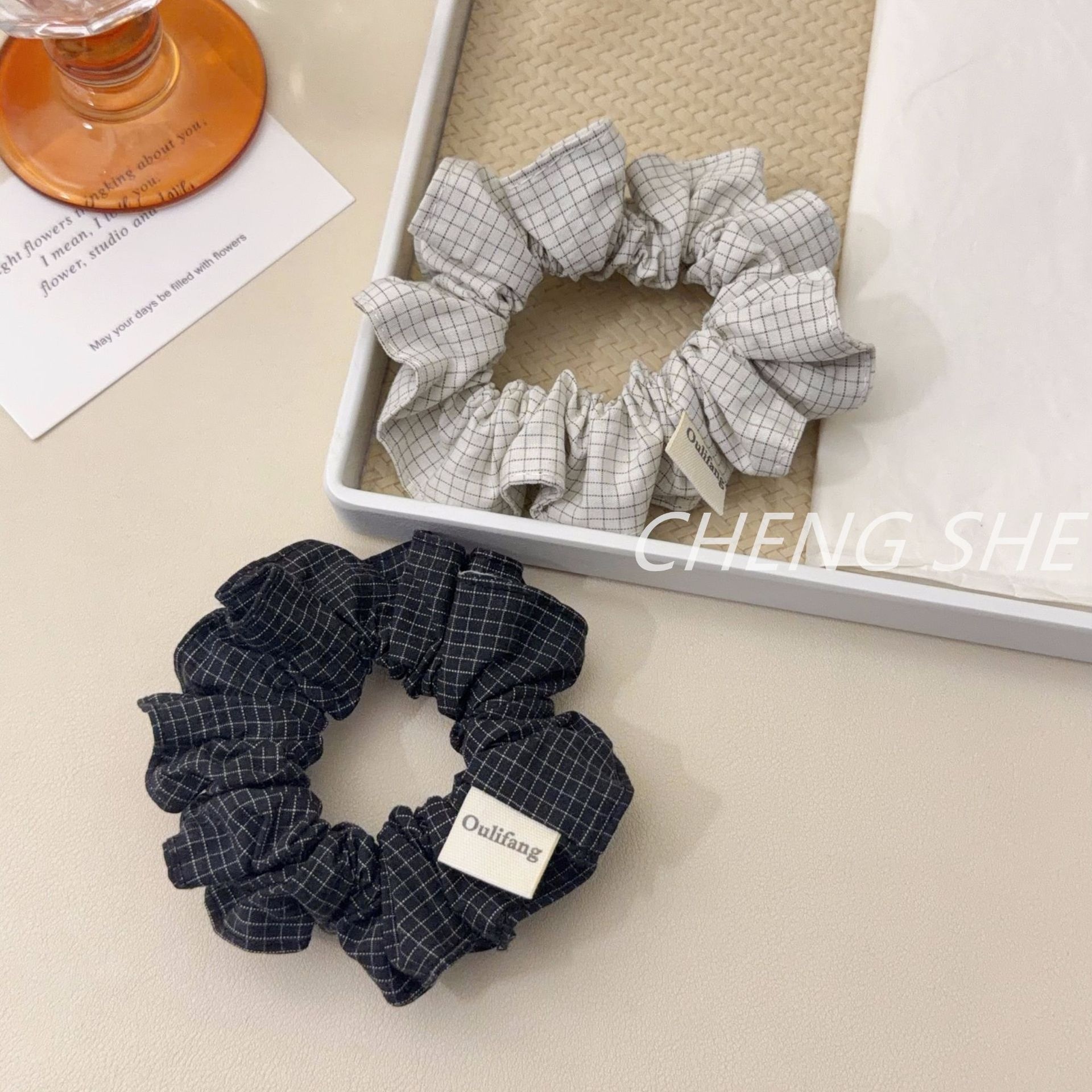 Women's Vintage Soft Cloth Hair Tie Spring Season Accessory Black Plaid