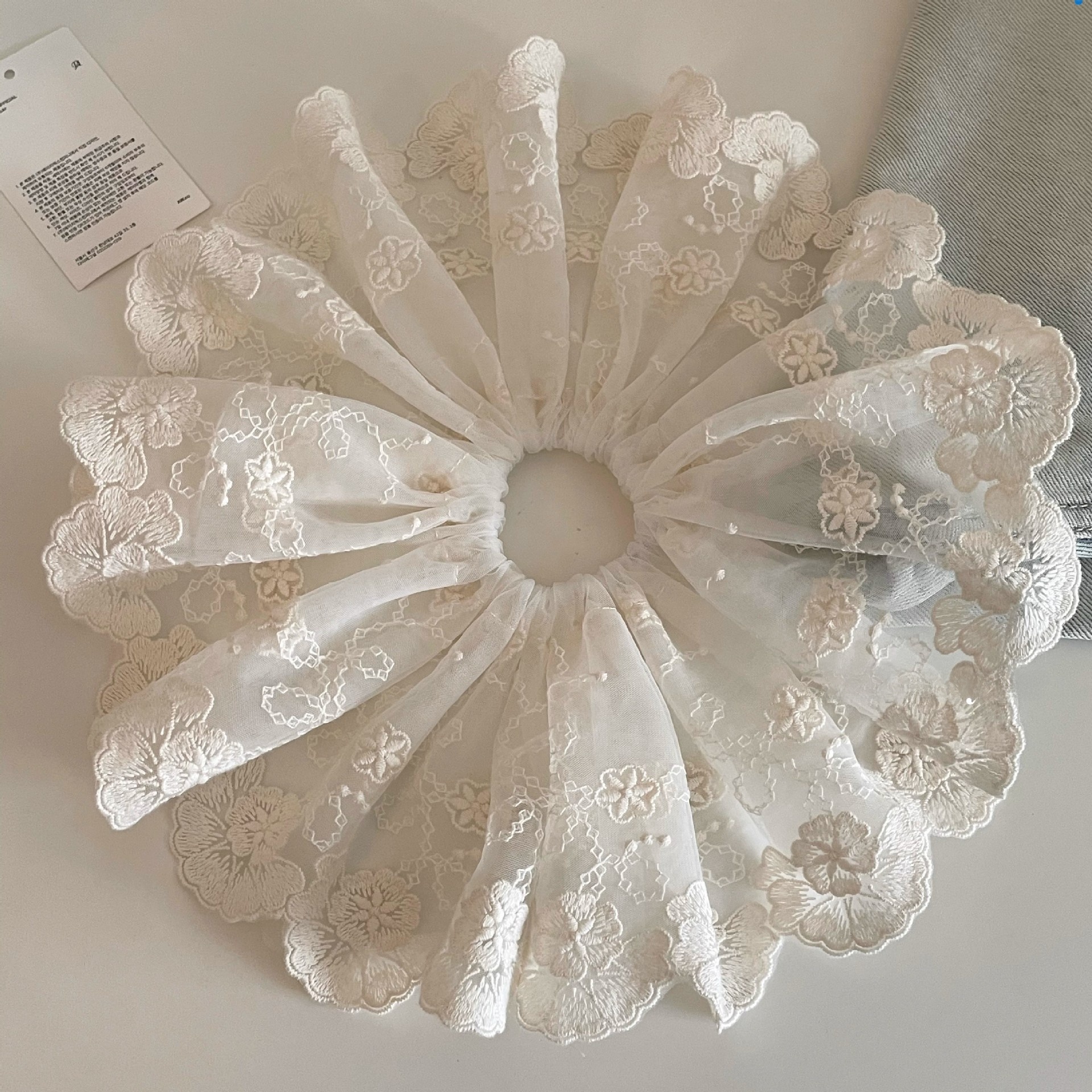 Women's French Ballet Lace Hair Scrunchie Beige Ditsy Floral Patchwork