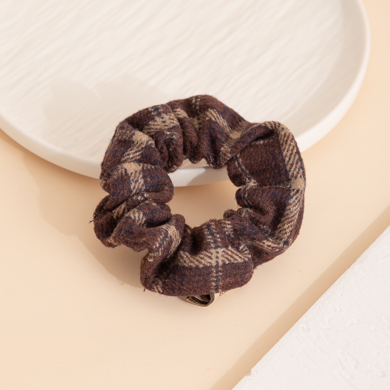 Women's Autumn Winter Wool Ponytail Hair Tie Smiley Plaid Black Coffee Red