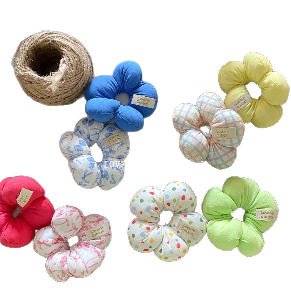 Women Sweet Cloth Bubble Braid Hair Rope Spring Floral Bow Knot Beige Pink