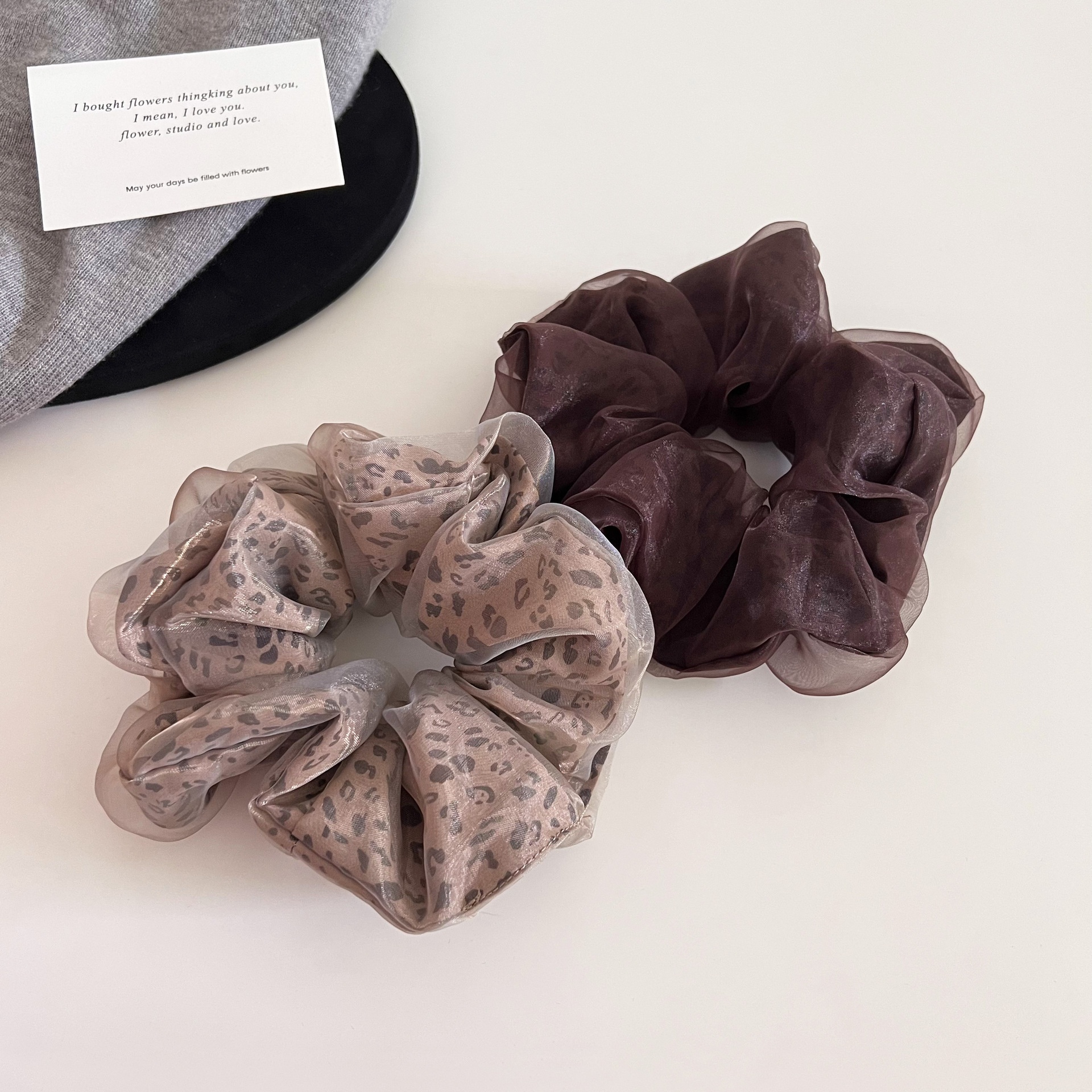 Women's Elegant Mesh Low Bun Hair Tie Accessory Coffee Leopard Print