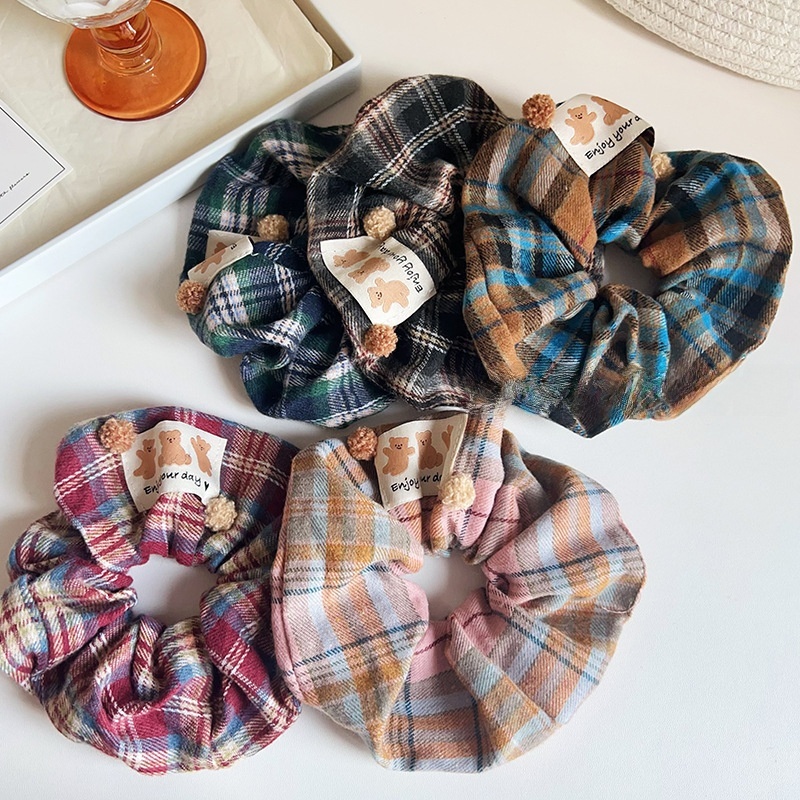 Women's Autumn Styling Cloth Hair Tie Grey Plaid Little Bear Pattern