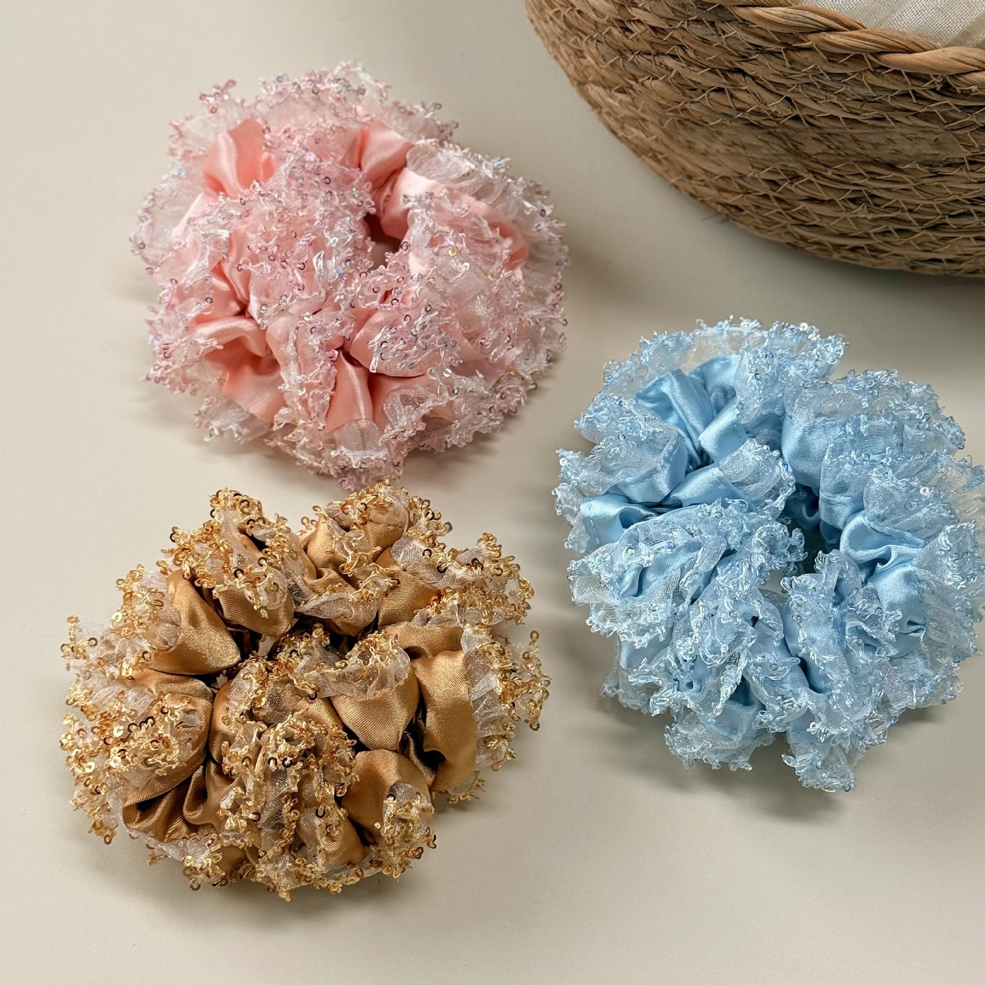 Women Party Fluffy Sequin Satin Bow Hairband Pink Blue Gold Flower