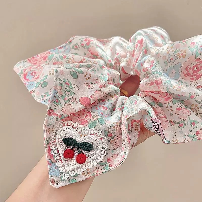 Women's Elegant Banquet Cloth Hair Tie Cherry Heart Bow Knot Print