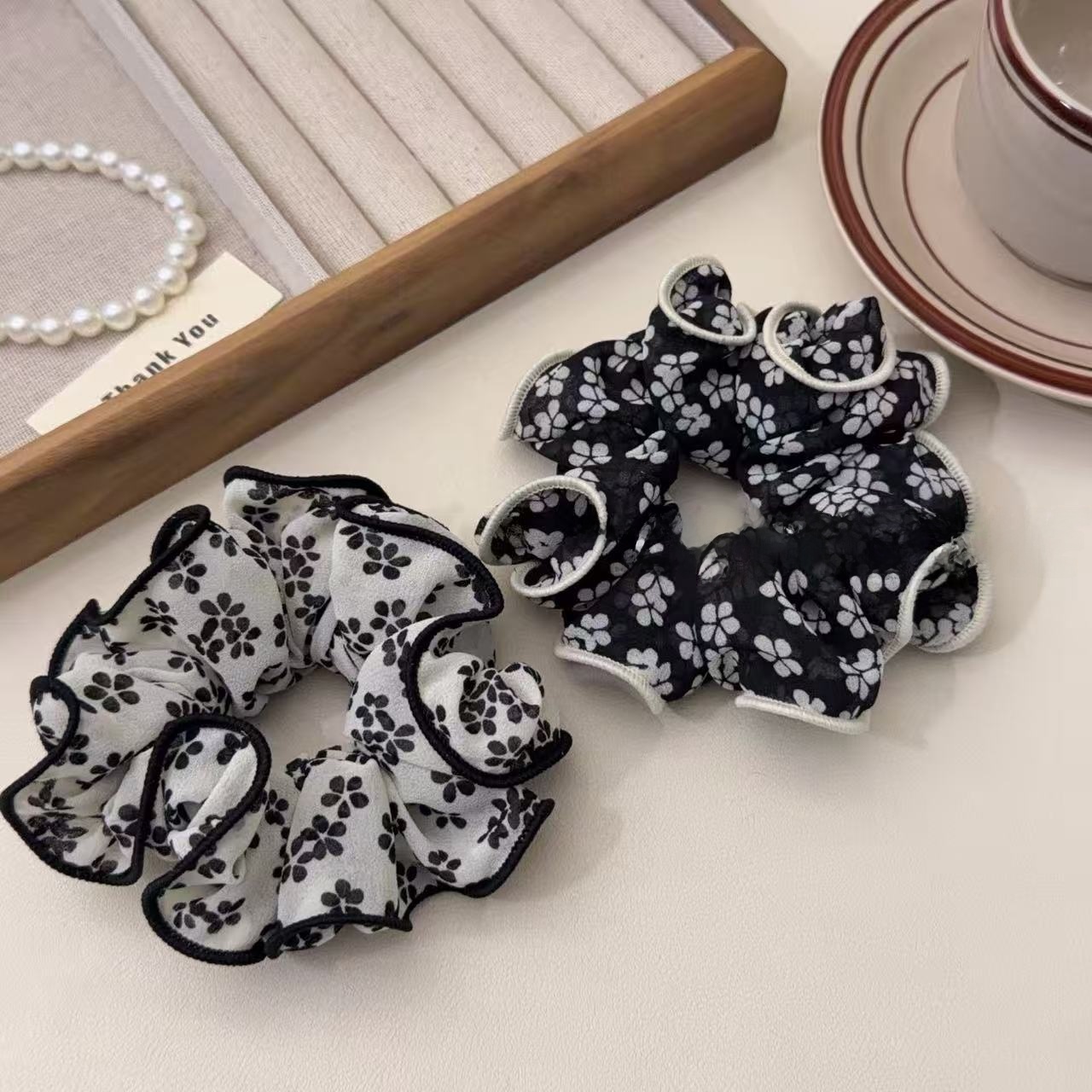 Women's Spring Summer French Style Cloth Hair Tie Black Ditsy Floral