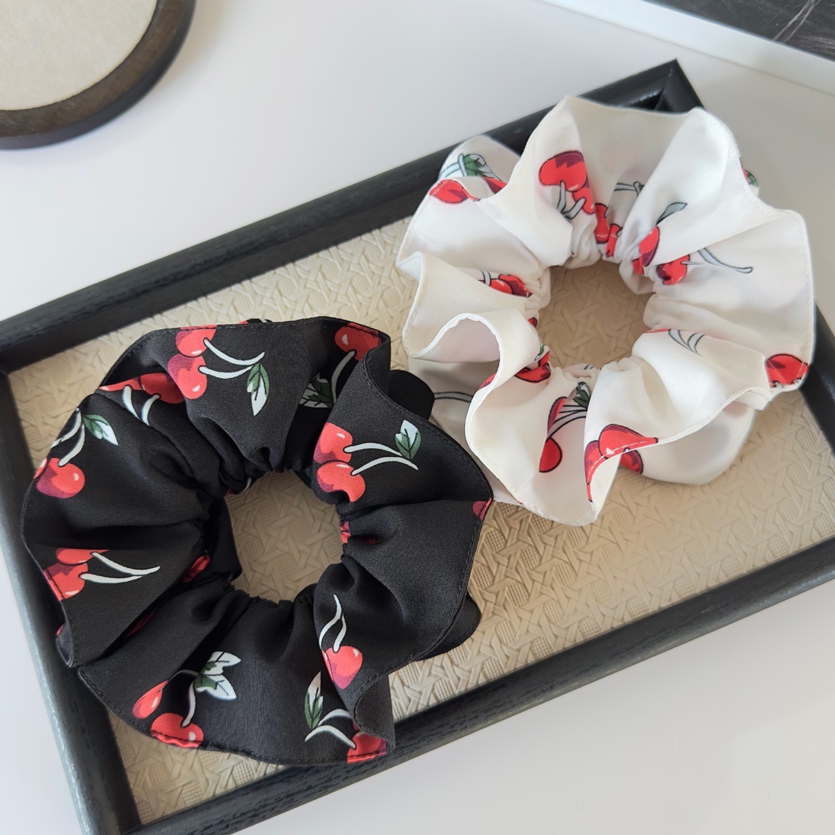 Girls Double Layer Cloth Hair Bands Cherry Print Plaid Bun Styling Rope