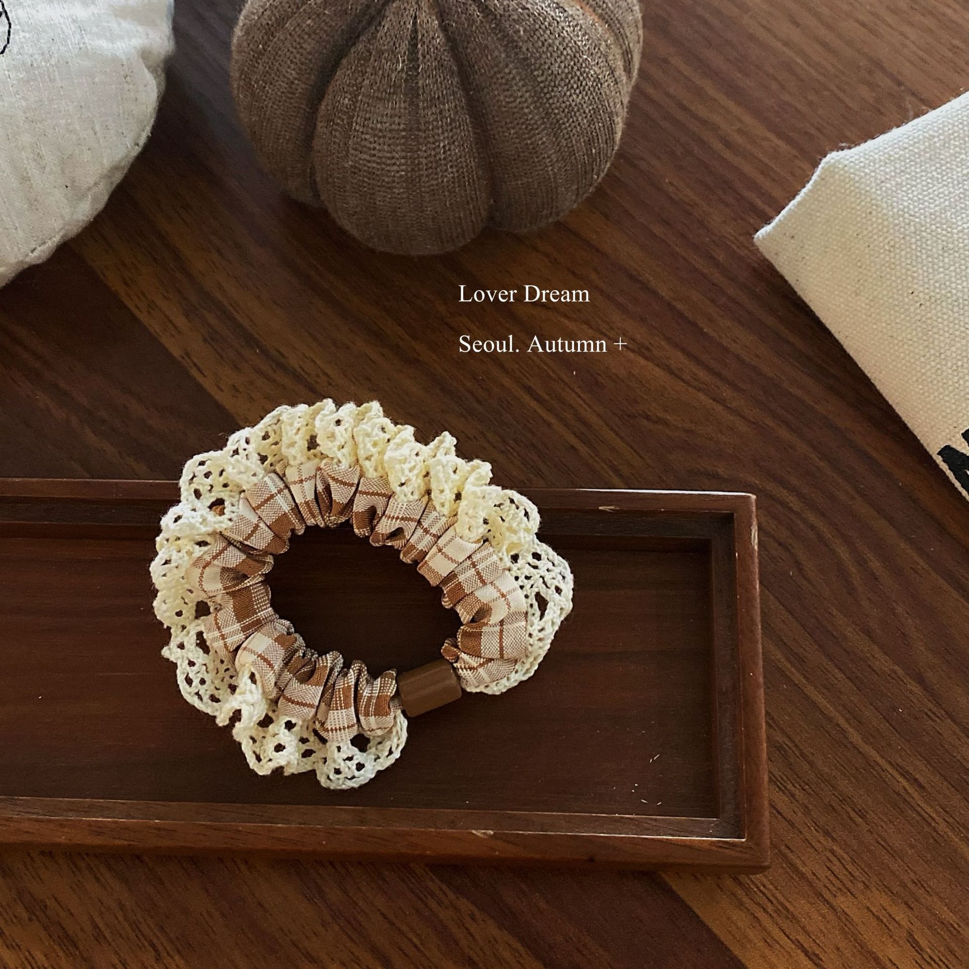 Women's High Elastic Cloth Hair Ties Autumn Winter Plaid Lace Trim